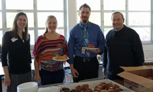 Longfellow parent Faith Wagner,, teachers Lindsay Charles and Andy Barth with board member Roger LeGrand